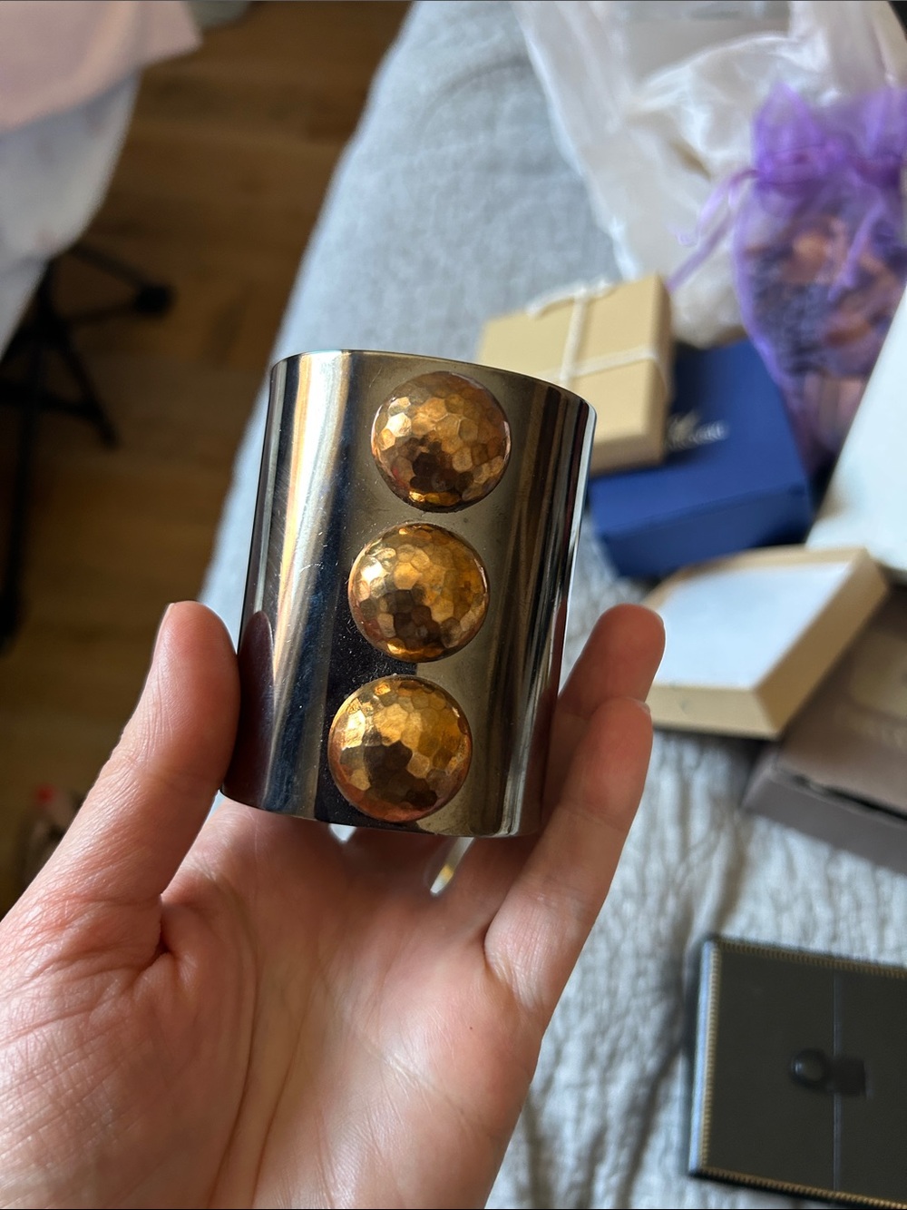 Hammered Accent Cuff Bracelet in Silver with Gold Disks